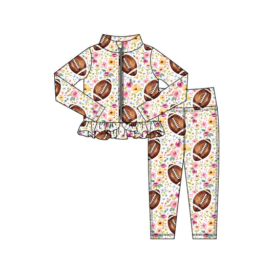 10.16 GLP3001 Pre order No Moq Yoga fabric Baby Girls Flowers Footballs Zipper Jackets Ruffle Top Leggings Yoga Clothes Sets