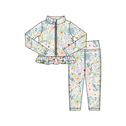 10.16 GLP3003 Pre order No Moq Yoga fabric Baby Girls Pink Blue Flowers Zipper Jackets Ruffle Top Leggings Yoga Clothes Sets