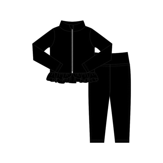 10.16 GLP3006 Pre order No Moq Yoga fabric Baby Girls Black Zipper Jackets Ruffle Top Leggings Yoga Clothes Sets