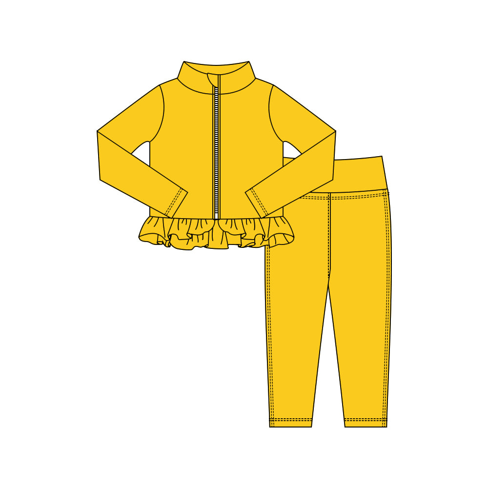 10.16 GLP3008 Pre order No Moq Yoga fabric Baby Girls Yellow Zipper Jackets Ruffle Top Leggings Yoga Clothes Sets