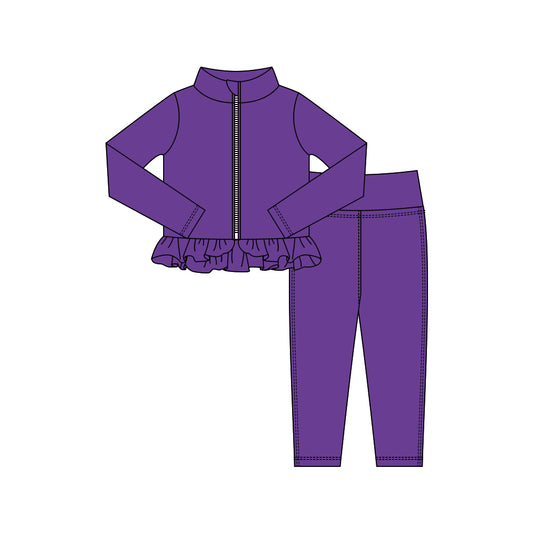 10.16 GLP3009 Pre order No Moq Yoga fabric Baby Girls Purple Zipper Jackets Ruffle Top Leggings Yoga Clothes Sets
