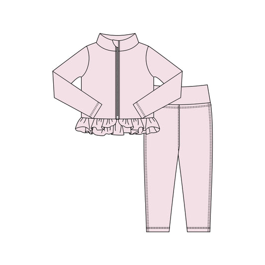 10.16 GLP3015 Pre order No Moq Yoga fabric Baby Girls Light Pink Zipper Jackets Ruffle Top Leggings Yoga Clothes Sets