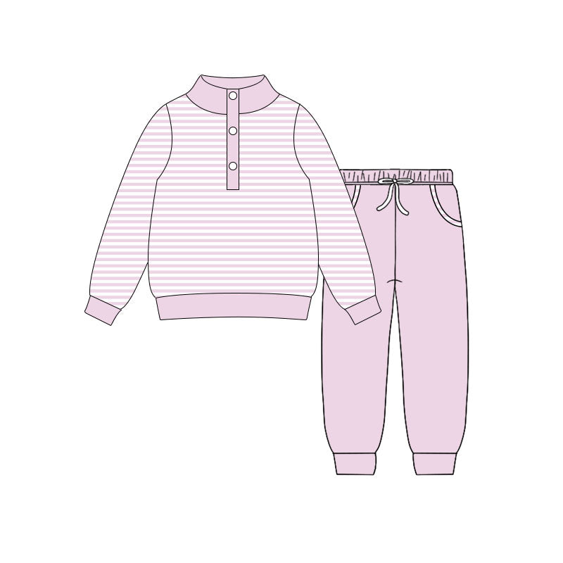 10.18 GLP3022 Pre order No Moq Baby Girls Light Pink Stripe Button Top Pockets Jogger Clothes Sets