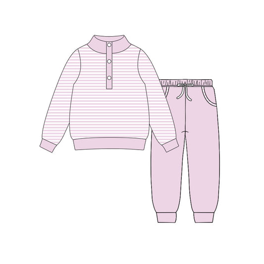 10.18 GLP3022 Pre order No Moq Baby Girls Light Pink Stripe Button Top Pockets Jogger Clothes Sets