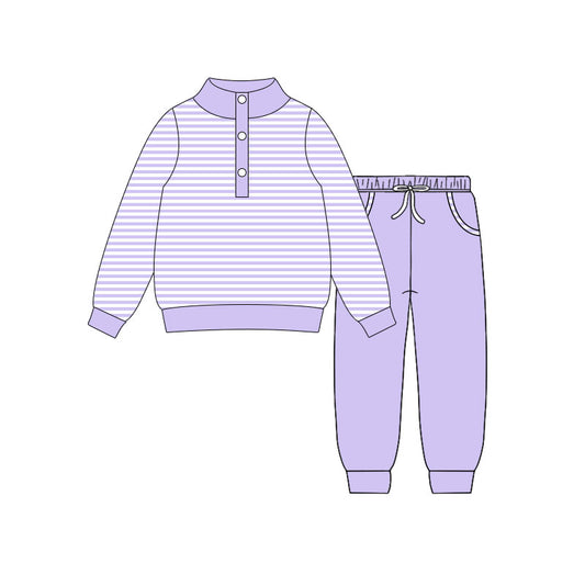 10.18 GLP3023 Pre order No Moq Baby Girls Lavender Stripe Button Top Pockets Jogger Clothes Sets