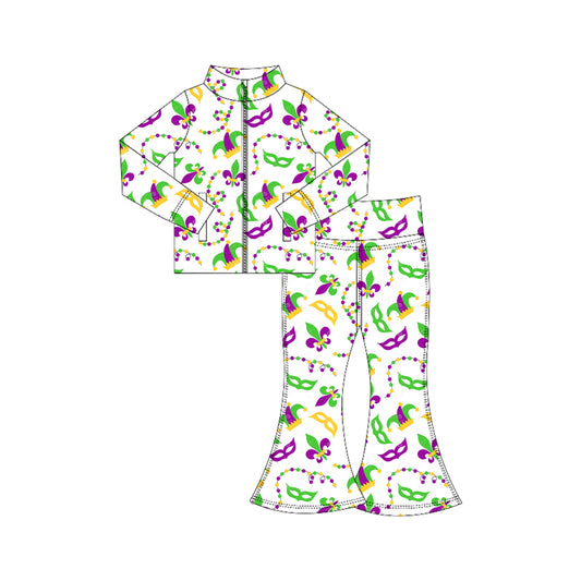 10.18 GLP3026 Pre order No Moq Yoga fabric Baby Girls Mardigras Anchors Masks Zipper Jacket Bell Bottom Pants Yoga Clothes Sets