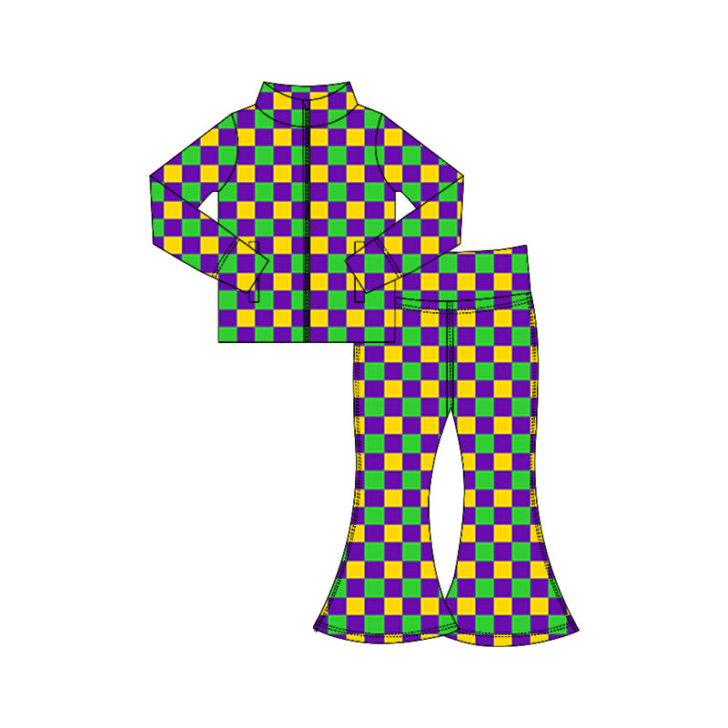 10.18 GLP3027 Pre order No Moq Yoga fabric Baby Girls Mardigras Checked Zipper Jacket Bell Bottom Pants Yoga Clothes Sets