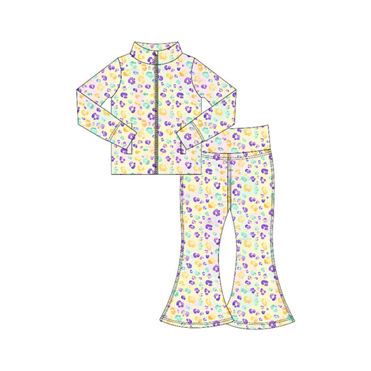 10.18 GLP3030 Pre order No Moq Yoga fabric Baby Girls Mardigras Leopard Zipper Jacket Bell Bottom Pants Yoga Clothes Sets