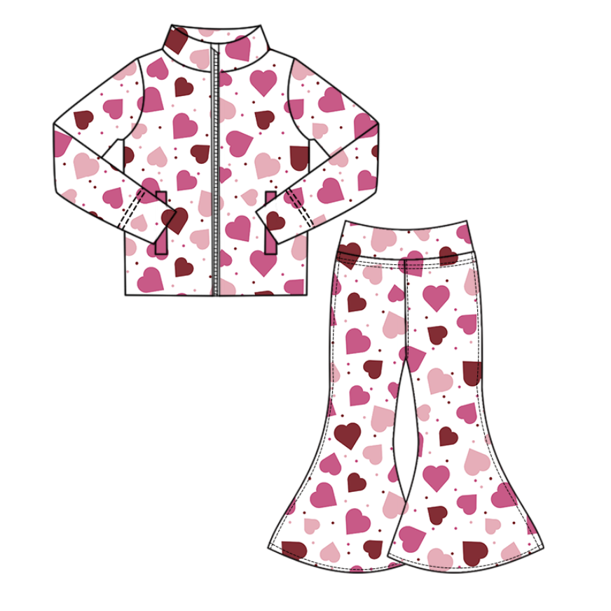 10.20 GLP3035 Pre order No Moq Yoga fabric Baby Girls Pink Hearts Polka Dots Zipper Top Bell Bottom Pants Yoga Clothes Set