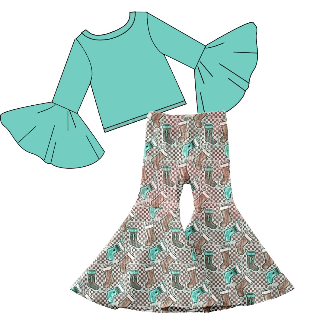 10.20 GLP3036 Pre order No Moq Baby Girls Aqua Top Cactus Boots Bell Bottom Pants Western Clothes Sets