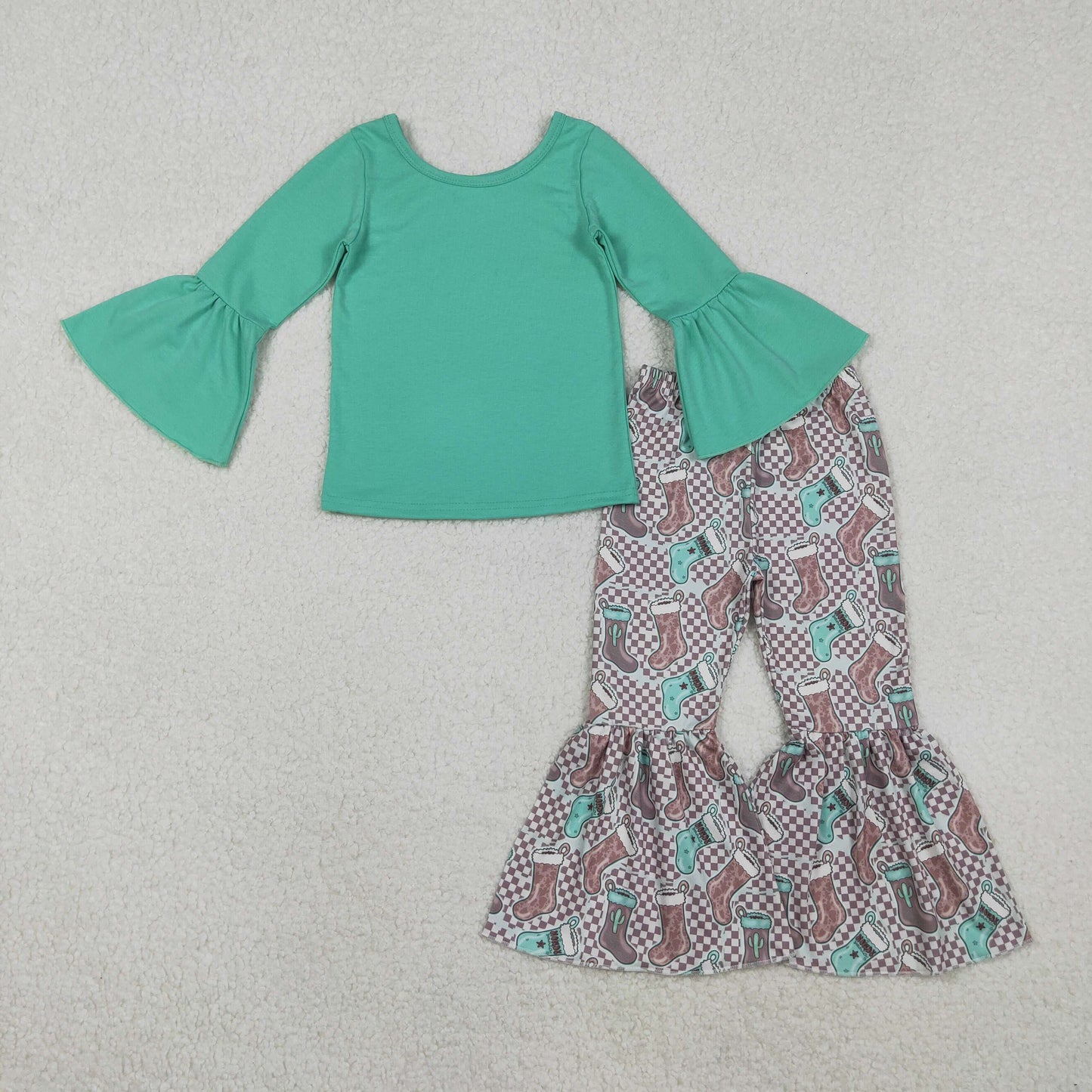 11.6 RTS NO MOQ （In stock）GLP3036 Baby Girls Aqua Top Cactus Boots Bell Bottom Pants Western Clothes Sets
