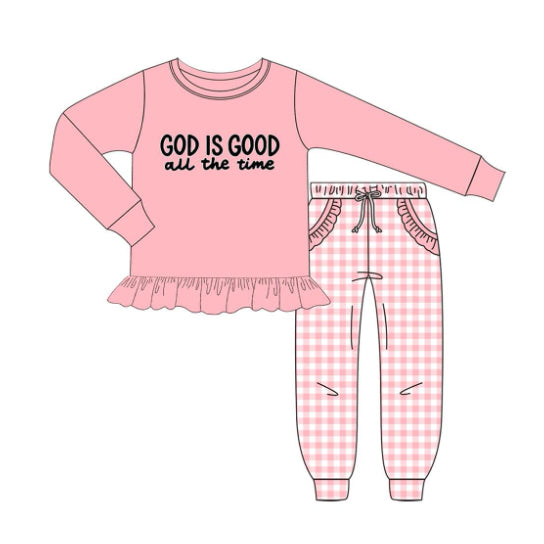 10.20 GLP3038 Pre order No Moq Baby Girls God Is Good Ruffle Top Checked Pockets Jogger Clothes Sets