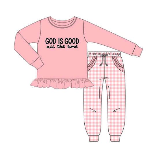 10.20 GLP3038 Pre order No Moq Baby Girls God Is Good Ruffle Top Checked Pockets Jogger Clothes Sets