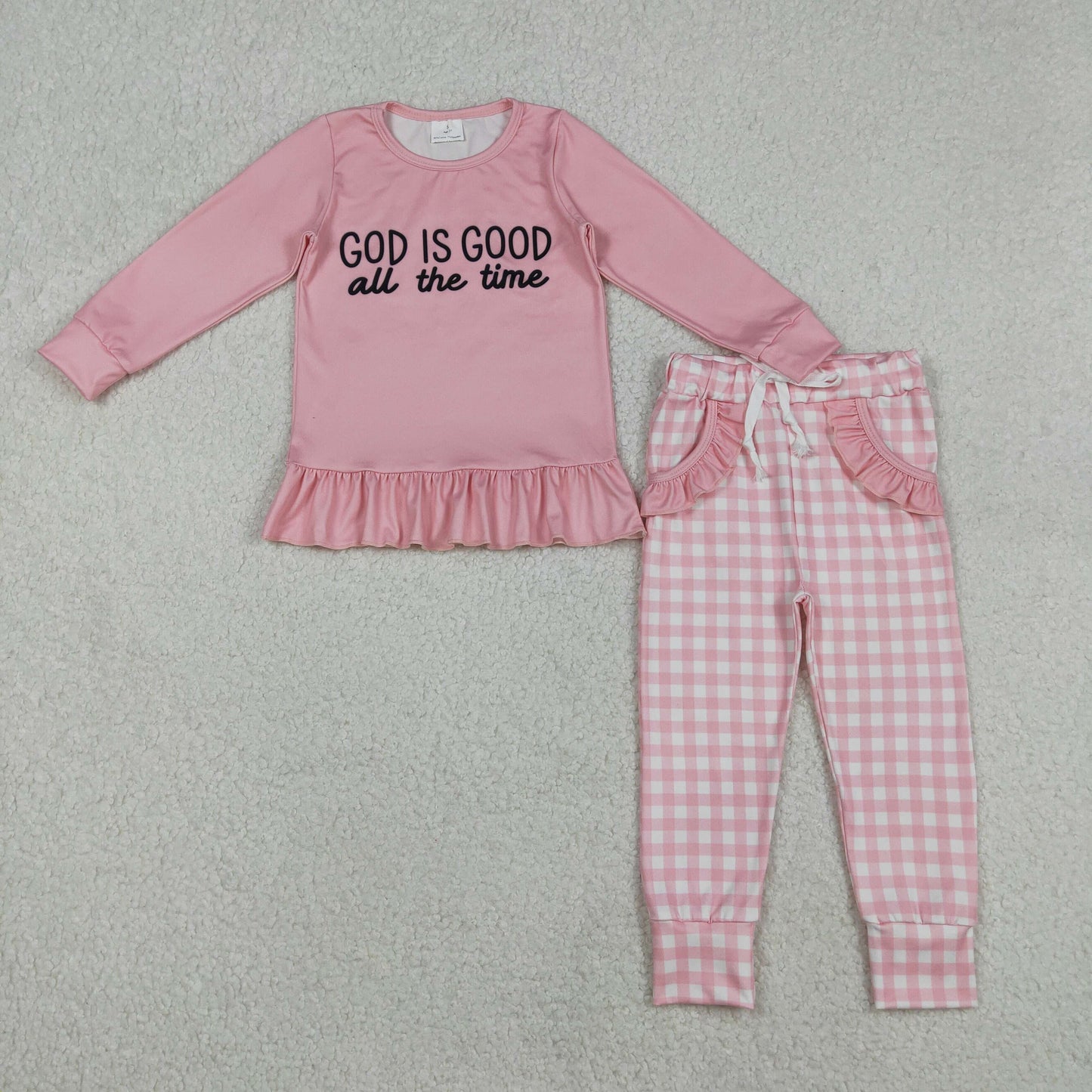 12.4 RTS NO MOQ （In stock）GLP3038 Baby Girls God is Good Ruffle Top Checked Pockets Jogger Pants Clothes Sets