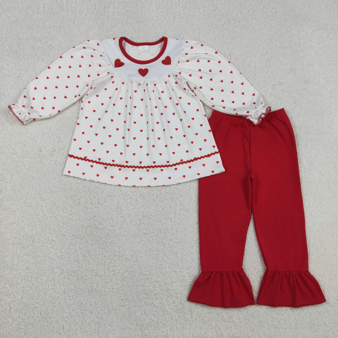 1.6 RTS Sibling Baby Girls Embroidery Bows Hearts Tunic Ruffle Pants Valentines Clothes Sets
