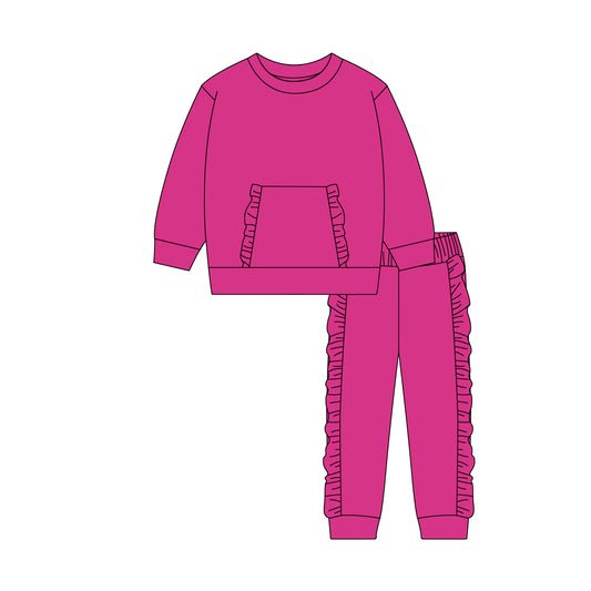 10.21 GLP3045 Pre order No Moq Baby Girls Hot Pink Pocket Top Ruffle Legging Pants Clothes Sets
