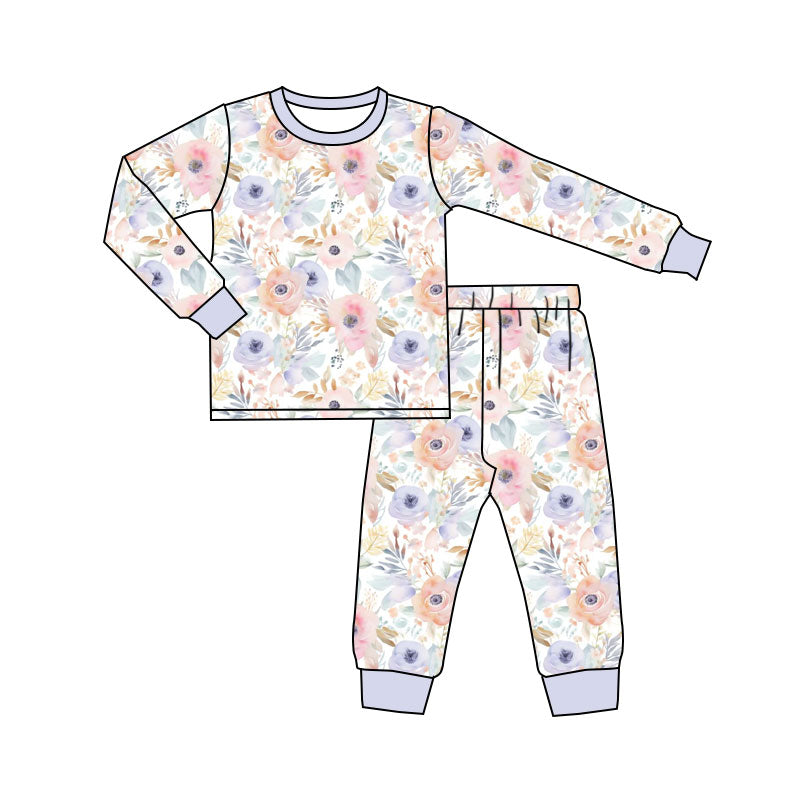 10.22 GLP3048 Pre order No Moq Baby Girls Lavender Pink Flowers Top Pants Pajamas Sets