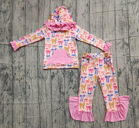 11.5 GLP3049 Sample No Moq Baby Girls Colorful Bows Pockets Ruffle Hoodie Bell Bottom Pants Clothes Sets