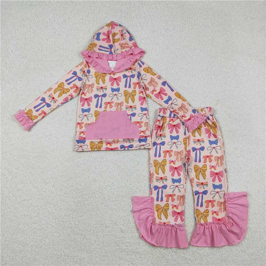 11.25 RTS NO MOQ （In stock）GLP3049 Baby Girls Colorful Bows Pockets Ruffle Hoodie Bell Bottom Pants Clothes Sets
