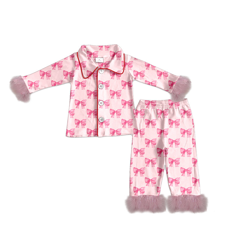 10.22 GLP3051 Pre order No Moq Adult Women Pink Bows Plaid Button Top Pants Fur Sleeve Pajamas Set