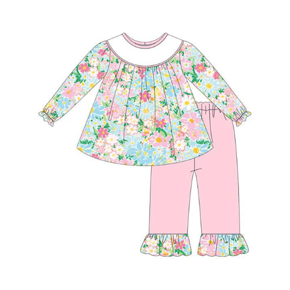 10.22 GLP3053 Pre order No Moq Baby Girls Pink Floral Tunic Ruffle Pants Clothes Sets