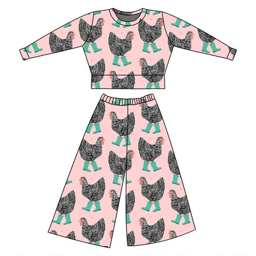 10.22 GLP3054 Pre order No Moq Baby Girls Pink Chicks Boots Top Flare Pants Farm Clothes Sets