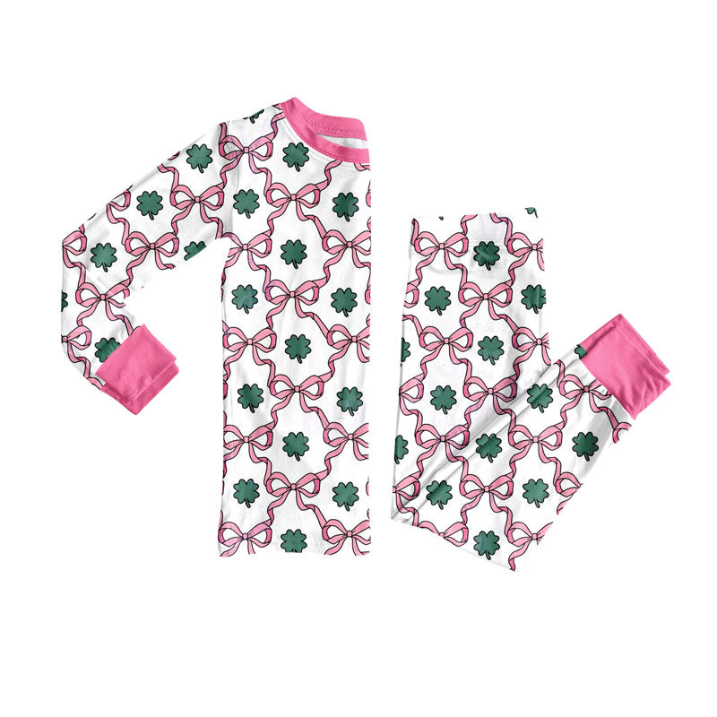 10.23 (Pre Order) No moq GLP3055 PRE-ORDER Baby Girls Pink Bows Clovers Checked Top Pants St Patrick Pajamas Sets