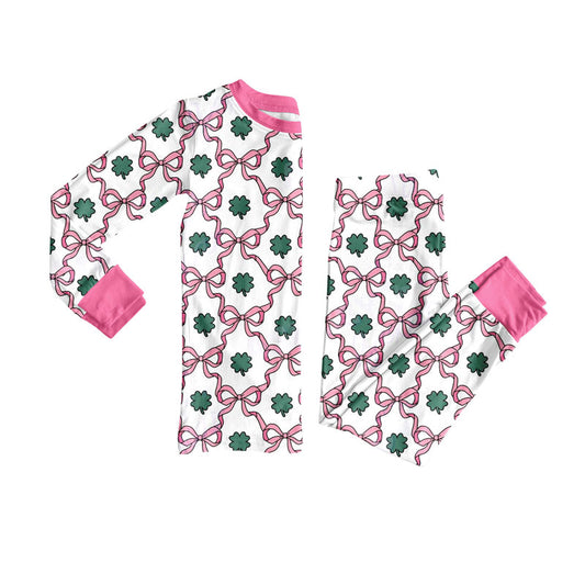 10.23 (Pre Order) No moq GLP3055 PRE-ORDER Baby Girls Pink Bows Clovers Checked Top Pants St Patrick Pajamas Sets