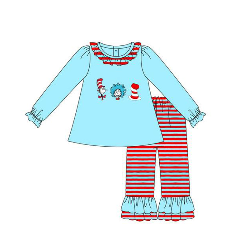 10.23 (Pre Order) No moq GLP3056 PRE-ORDER Baby Girls Cartoon Mr Reading Collar Tunic Stripe Ruffle Pants Clothes Sets
