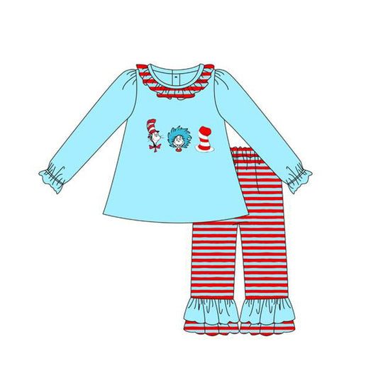 10.23 (Pre Order) No moq GLP3056 PRE-ORDER Baby Girls Cartoon Mr Reading Collar Tunic Stripe Ruffle Pants Clothes Sets