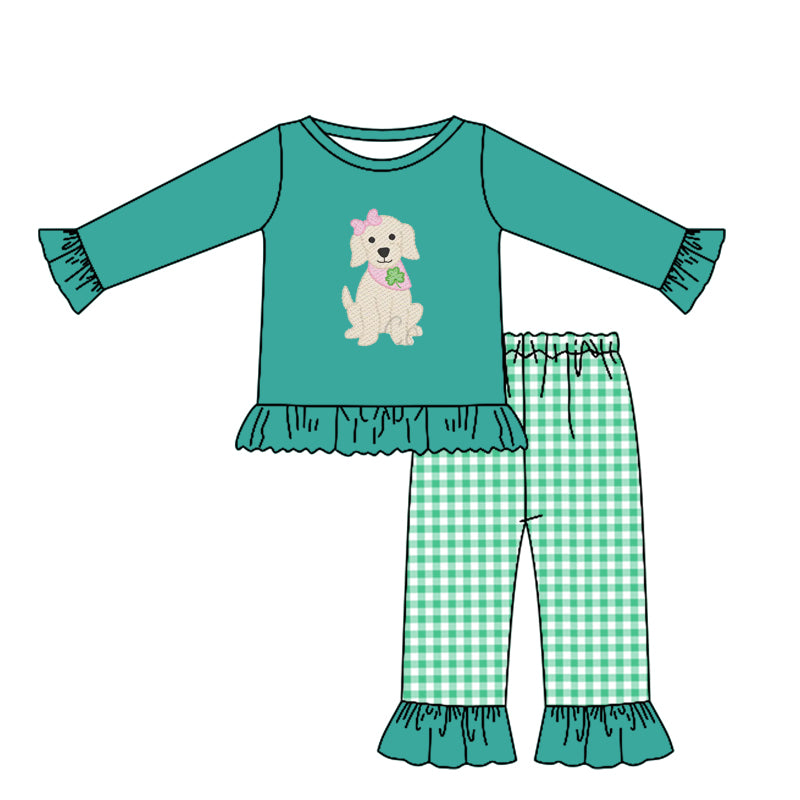 10.23 (Pre Order) No moq GLP3057 PRE-ORDER Baby Girls Clovers Dogs Green Top Checked Ruffle Pants St Patrick Clothes Sets