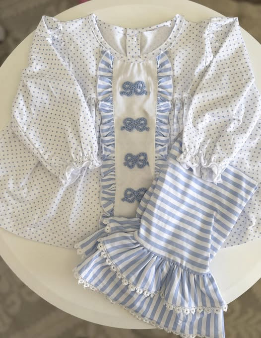 10.29 GLP3059 Pre order No Moq Baby Girls Polka Dots Bows Tunic Stripe Ruffle Pants Clothes Sets