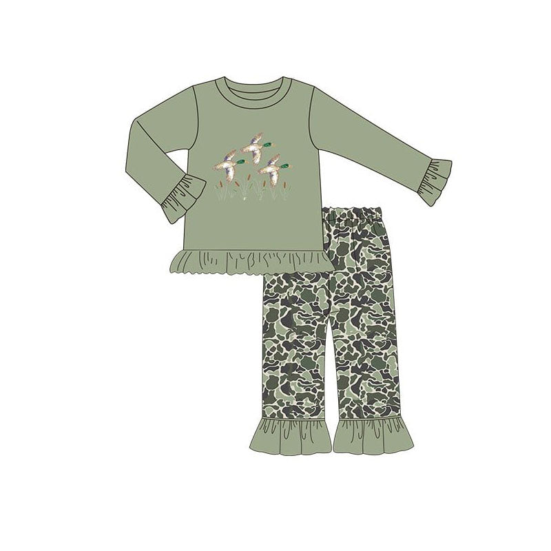 10.27 GLP3062 Pre order No Moq Baby Girls Ducks Ruffle Top Green Camo Pockets Pants Hunting Clothes Sets