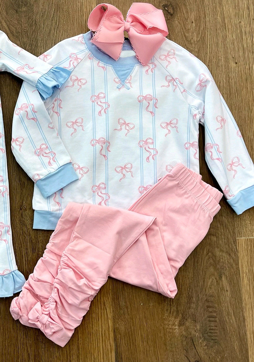 10.27 GLP3063 Pre order No Moq Baby Girls Pink Bows Stripe Top Ruffle Legging Pants Clothes Sets