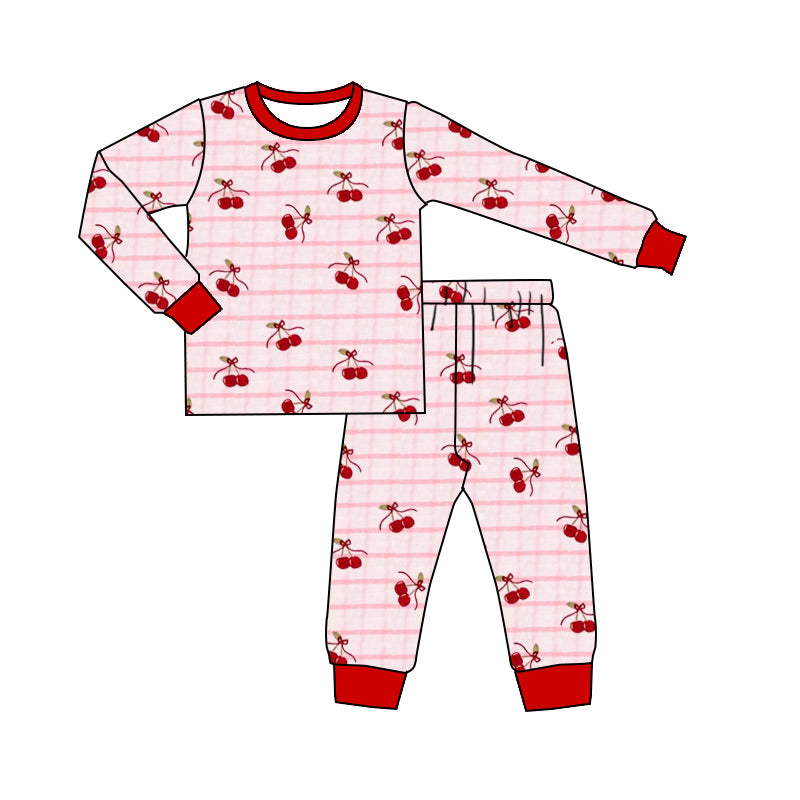 10.27 GLP3064 Pre order No Moq Baby Girls Pink Checked Cherry Top Pants Pajamas Sets