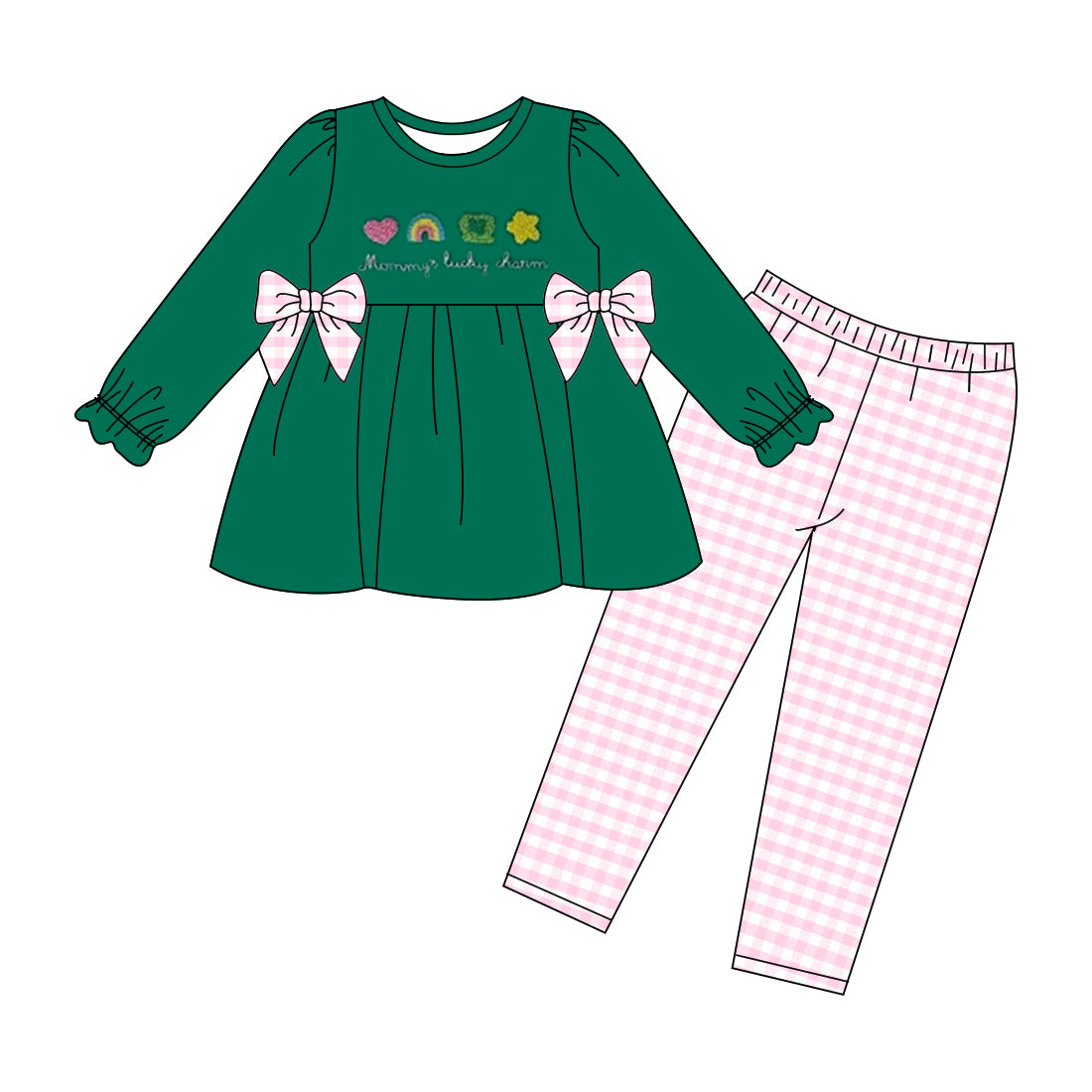 10.27 GLP3066 Pre order No Moq Baby Girls Clovers Bows Tunic Pink Checked Leggings St Patrick Clothes Sets