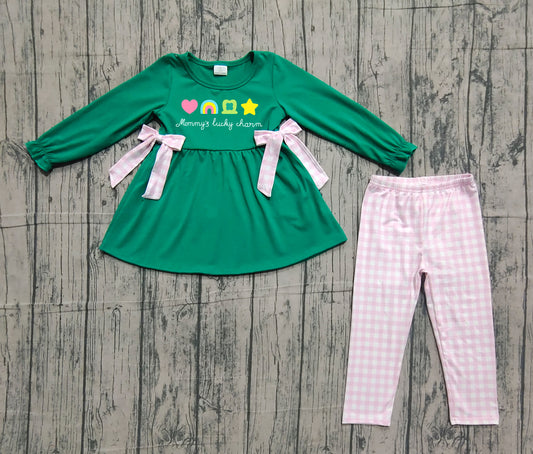 11.13 GLP3066 Sample No Moq Embroidery Clovers Bows Baby Girls Tunic Checked Leggings St Patrick Clothes Sets