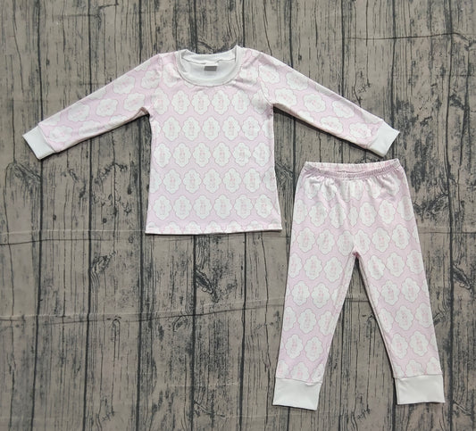 11.13 GLP3067 Sample No Moq Baby Girls Pink Rabbits Eggs Checked Top Pants Easter Pajamas Sets