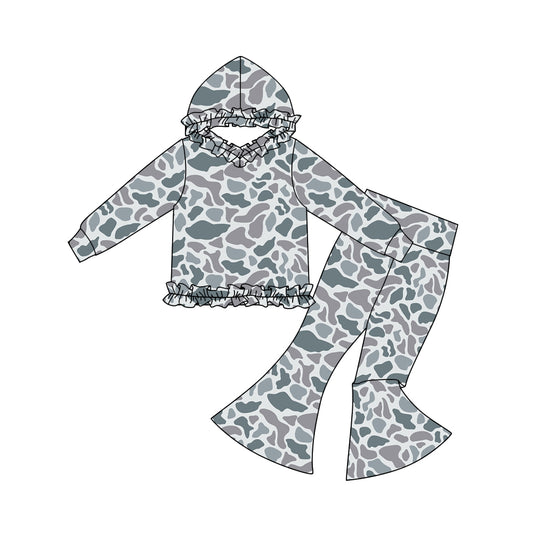 10.30 GLP3076 Pre order No Moq Baby Girls Grey Camo Ruffle Hoodies Bell Bottom Pants Southern Clothes Sets