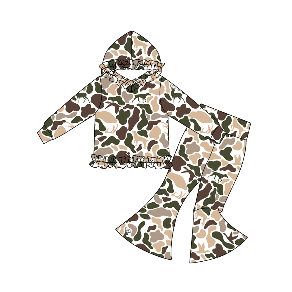 10.30 GLP3079 Pre order No Moq Baby Girls Ducks Deer Camo Ruffle Hoodies Bell Bottom Pants Southern Clothes Sets