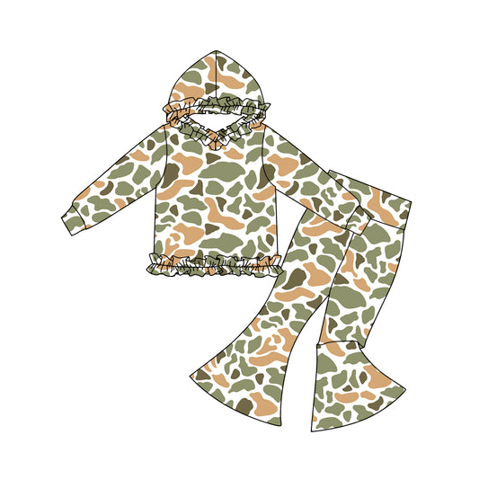 10.30 GLP3080 Pre order No Moq Baby Girls Green Orange Camo Ruffle Hoodies Bell Bottom Pants Southern Clothes Sets