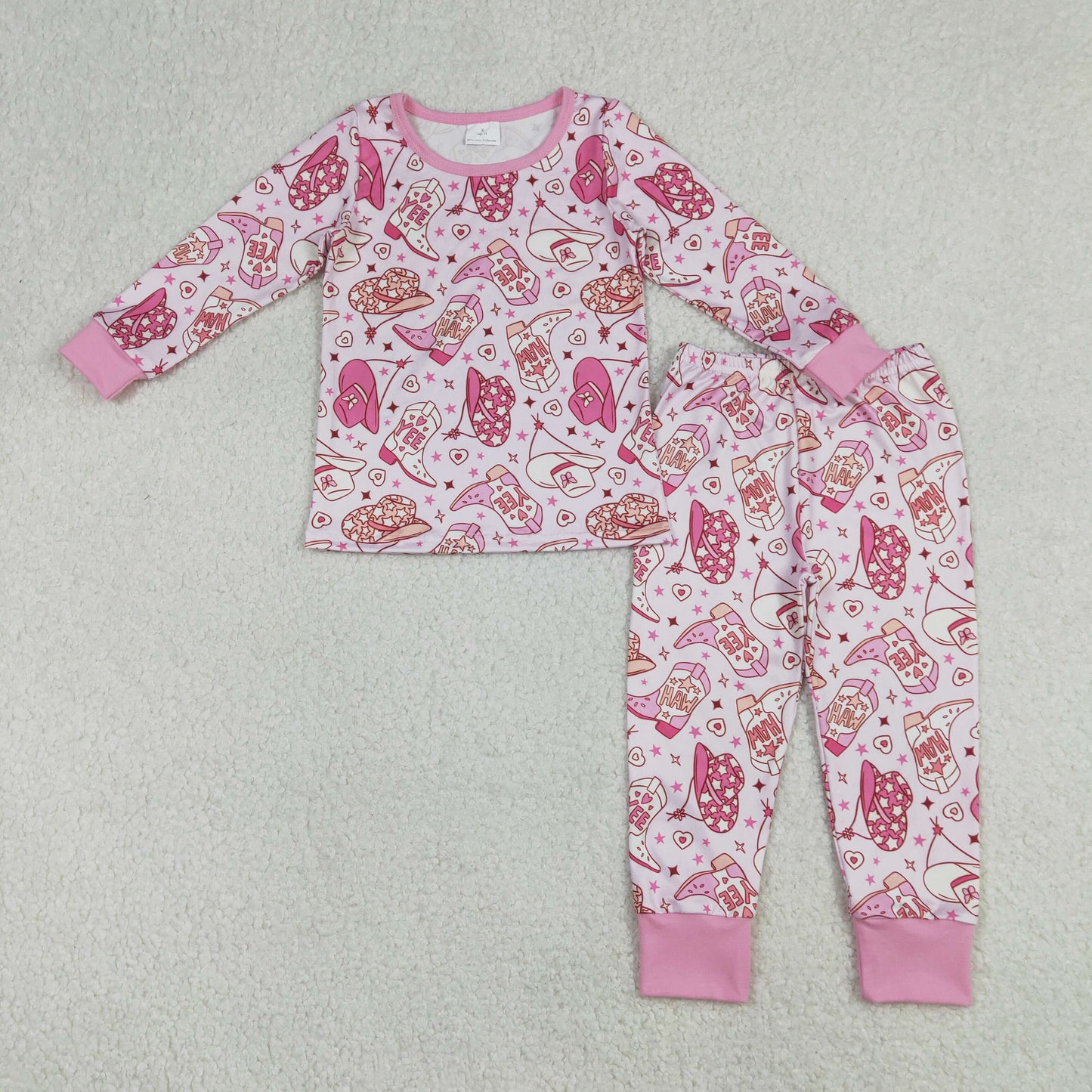 12.26 RTS NO MOQ （In stock）GLP3085 Baby Girls Pink Howdy Boots Hats Top Pants Western Pajamas Sets