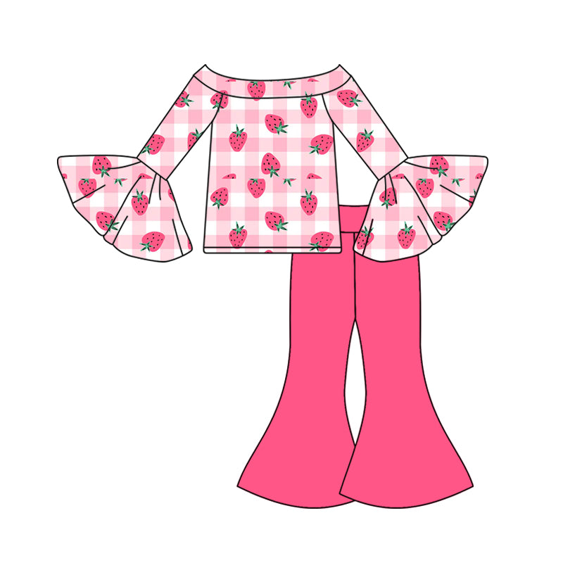 11.1 GLP3088 Pre order No Moq Baby Girls Pink Checked Strawberry Top Bell Bottom Pants Clothes Sets