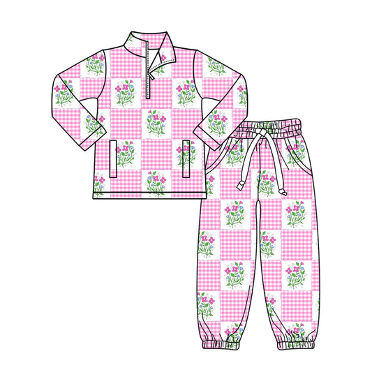 11.3 GLP3090 Pre order No Moq Baby Girls Pink Flowers Checked Zipper Pockets Pullovers Jogger Clothes Sets