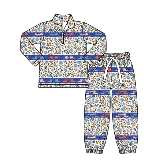 11.3 GLP3093 Pre order No Moq Baby Girls Floral Bows Stripe Zipper Pockets Pullovers Jogger Clothes Sets