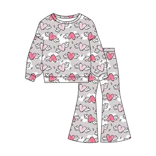 11.3 GLP3097 Pre order No Moq Baby Girls Pink Angle Hearts Top Flare Pants Valentine Clothes Sets