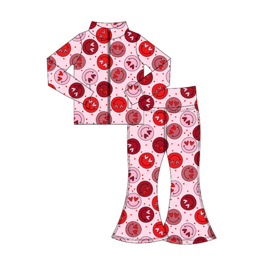 11.4 GLP3108 Pre order No Moq Yoga fabric Baby Girls Heart Smiles Zipper Pockets Jacket Bell Bottom Yoga Valentine Clothes Sets