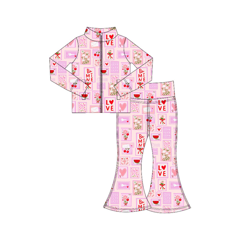 11.4 GLP3111 Pre order No Moq Yoga fabric Baby Girls Flowers Checked Zipper Pockets Jacket Bell Bottom Valentine Yoga Clothes Sets