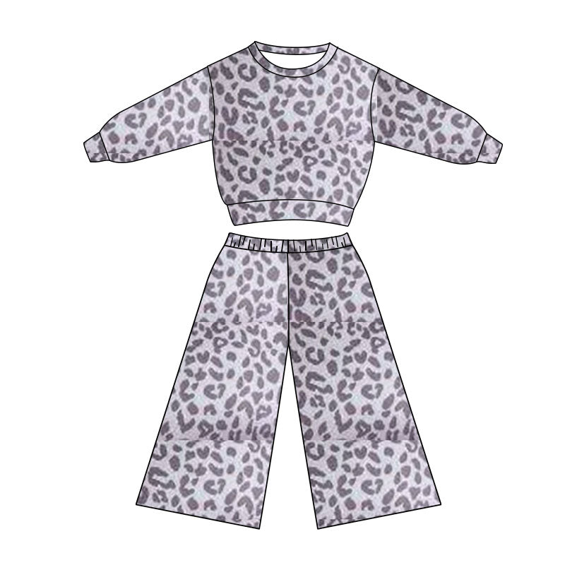 11.4 GLP3113 Pre order No Moq Baby Girls Grey Leopard Long Sleeve Top Flare Pants Clothes Sets