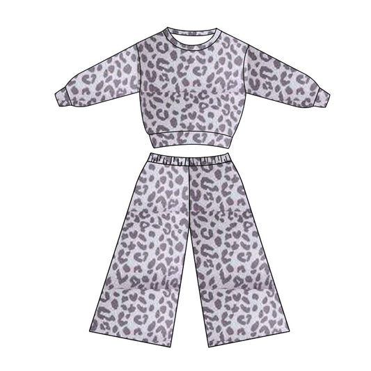 11.4 GLP3113 Pre order No Moq Baby Girls Grey Leopard Long Sleeve Top Flare Pants Clothes Sets